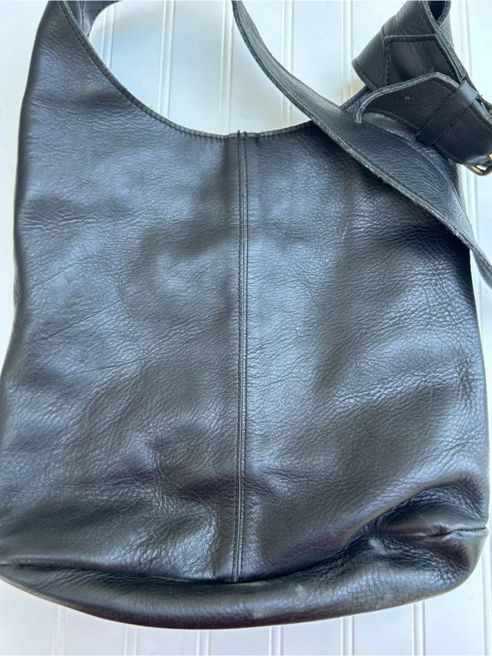 Black Leather Purse Shoulder Bag Hobo Pebbled Brass Heavy Travel